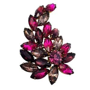 Pink Purple Rhinestone Brooch Flower Spray Pin Navette Showstopper Statement 60s